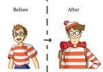  backpack bag before_and_after black-framed_eyewear brown_hair comparison crossover english glasses hat krrn majo_no_takkyuubin male_focus multiple_boys older open_mouth parody revision shirt smile striped striped_shirt teeth tombo wally where's_wally 