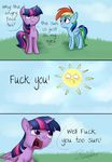  2017 blue_feathers cloud comic cutie_mark dialogue duo english_text equine feathers female feral friendship_is_magic grass hair horn mammal multicolored_hair my_little_pony outside pegasus pucksterv purple_eyes purple_feathers rainbow_dash_(mlp) rainbow_hair sky sun text twilight_sparkle_(mlp) winged_unicorn wings 