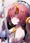  bad_id bad_pixiv_id bare_shoulders between_breasts between_fingers breasts covered_eyes dress elbow_gloves fate/apocrypha fate_(series) frankenstein's_monster_(fate) gloves hair_over_eyes highres holding holding_weapon horn open_mouth pink_hair short_hair solo veil wada_kazu weapon white_dress white_gloves 