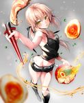  adapted_object artoria_pendragon_(all) bare_shoulders black_footwear blonde_hair boots bowl butt_crack camisole chopsticks dark_excalibur eating egg fate/grand_order fate/stay_night fate_(series) food groin highres knee_boots navel noodles pork ramen saber_alter short_shorts shorts soup suishougensou yellow_eyes 