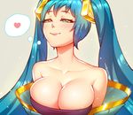  absurdres artist_name bangs bare_shoulders blue_eyes blue_hair breasts bursting_breasts cleavage collarbone commentary dress hair_ornament half-closed_eyes heart highres large_breasts league_of_legends light_smile lips lipstick long_hair long_neck low_neckline makeup off_shoulder paid_reward patreon_reward pink_lady_mage shiny shiny_hair signature simple_background smile solo sona_buvelle sparkle strapless strapless_dress thought_bubble twintails upper_body white_background 