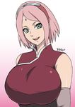  1girl breasts facial_mark forehead_mark green_eyes haruno_sakura headband huge_breasts naruho naruto pink_hair smile 