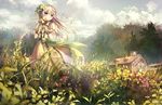  blue_eyes blush bouquet building cloud commentary_request day dress flower gloves grass hair_flower hair_ornament highres house long_hair missile228 nature original outdoors scenery silver_hair sky smile solo standing tree 
