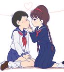  1girl alternate_hair_length alternate_hairstyle applying_makeup black_hair braid brown_eyes brown_hair closed_eyes crossdressing hairband heart heart_of_string kl kneeling lipstick lipstick_tube loose_socks makeup matsuno_osomatsu osomatsu-kun osomatsu-san pleated_skirt school_uniform seiza serafuku sitting skirt socks twin_braids wariza yowai_totoko 