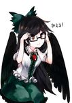  &gt;:) absurdres adjusting_hair bespectacled bird_wings black_hair black_wings blush bow breasts collared_shirt frilled_shirt frilled_skirt frills glasses hair_bow highres long_hair medium_breasts mikomo0106 red_eyes reiuji_utsuho semi-rimless_eyewear shirt skirt smile solo third_eye touhou translated v-shaped_eyebrows very_long_hair wings 