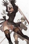  1girl arms_up black_dress black_legwear blindfold breasts dress feather-trimmed_sleeves highres hips lack leotard long_sleeves medium_breasts mole mole_under_mouth nier_(series) nier_automata pod_(nier_automata) short_hair sword thighhighs thighs weapon white_hair white_leotard yorha_no._2_type_b yorha_no._9_type_s 