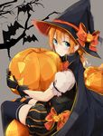  alternate_hairstyle bangs bare_tree bat black_gloves black_legwear blue_eyes blush bow cape frilled_sleeves frills from_side gloves grey_background hair_between_eyes halloween hat hat_bow holding_pumpkin jack-o'-lantern kousaka_honoka looking_back love_live! love_live!_school_idol_project mismatched_legwear orange_hair pumpkin scrunchie shiina_kuro short_sleeves shorts sitting solo striped thighhighs tree twintails vertical-striped_shorts vertical_stripes witch_hat 