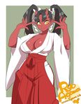  agawa_ryou artist_name black_hair blonde_hair breasts cleavage copyright_request fang fang_out hakama japanese_clothes large_breasts long_hair looking_at_viewer miko oni oni_horns red_oni red_skin signature smile solo twintails 