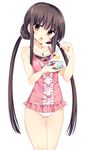  alternate_hairstyle bangs black_hair brown_eyes center_frills collarbone hair_bobbles hair_ornament head_tilt highres houraisan_kaguya jewelry long_hair looking_at_viewer low_twintails maturiuta_sorato necklace one-piece_swimsuit open_mouth pendant pink_swimsuit polka_dot shaved_ice simple_background solo spoon standing swimsuit thigh_gap touhou twintails very_long_hair white_background 