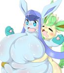  2017 ambiguous_gender anthro big_breasts blush breasts duo eeveelution featureless_breasts female glaceon hug huge_breasts hyper hyper_breasts leafeon mokotomuku77 nintendo obese open_mouth overweight pok&eacute;mon simple_background video_games 