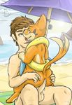  2017 anal beach butt butt_grab digital_media_(artwork) feral floatzel hand_on_butt human interspecies livesinabag looking_back male male/male mammal mustelid nintendo penis pok&eacute;mon seaside spreading tongue tongue_out umbrella video_games weasel 