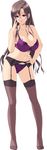  absurdres bow bow_panties bra breasts brown_hair contrapposto earrings full_body garter_belt glasses hand_on_hip hand_on_own_cheek highres jewelry large_breasts light_smile lipstick long_hair makeup panties purple_bra purple_eyes purple_panties rimless_eyewear ryuudouji_shimon_no_inbou ryuuzaki_sayaka simple_background solo standing teeta_j thighhighs underwear underwear_only white_background 