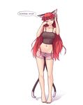  animal_ears bangs bare_legs bare_shoulders barefoot blunt_bangs boyshorts breasts camisole cat_ears cat_tail collarbone covered_nipples english extra_ears full_body hair_down hand_in_hair hater_(hatater) highres kaenbyou_rin leaning_to_the_side lingerie long_hair medium_breasts midriff multiple_tails navel no_bra nyan one_eye_closed pigeon-toed pointy_ears red_eyes red_hair rubbing_eyes shadow short_shorts shorts simple_background sleepwear smile solo spaghetti_strap standing tail touhou underwear very_long_hair white_background 