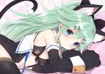  animal_ears black_bow black_bra black_legwear blue_eyes blush bow bra cat_ears cat_tail checkered checkered_background commentary_request detached_sleeves gloves green_hair hair_bow hair_ornament hairclip kantai_collection long_hair looking_at_viewer lying open_clothes open_shirt paw_gloves paw_print paws shirt solo tail thighhighs underwear watanon_(gakushokutei) yamakaze_(kantai_collection) 