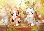  book brown_eyes brown_hair buttons coat curry curry_rice eating eurasian_eagle_owl_(kemono_friends) food grey_hair head_wings kemono_friends multiple_girls northern_white-faced_owl_(kemono_friends) omiomi_kekyu rice short_hair sitting table 