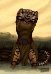  alekksandar armor feline female leather leather_armor looking_at_viewer mammal outside solo stretching tiger water yellow_eyes 