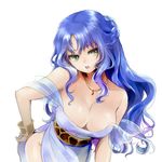  bare_shoulders blue_hair breasts brown_hair cleavage green_eyes half_updo highres large_breasts long_hair madou_monogatari open_mouth puyopuyo rulue_(puyopuyo) shiro_hougyoku simple_background solo white_background 