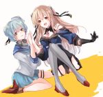  2girls aqua_neckwear aqua_skirt black_gloves black_legwear black_ribbon black_skirt blue_hair blue_sailor_collar blue_shirt breasts brown_eyes cleavage dixie_cup_hat double_bun dutch_angle garter_straps gloves hat hat_ribbon high_heels johnston_(kantai_collection) kantai_collection light_brown_hair long_hair long_sleeves looking_at_viewer medium_breasts military_hat miniskirt multiple_girls neckerchief off_shoulder open_mouth pleated_skirt red_eyes red_footwear ribbon rudder_footwear saiko_(saisaka) sailor_collar samuel_b._roberts_(kantai_collection) school_uniform serafuku shin_guards shirt short_hair single_glove sitting skirt sleeve_cuffs smile thighhighs twintails us_medal_of_honor white_hat white_shirt 