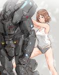  bangs blue_eyes breasts brown_hair commentary_request fallout_4 grey_panties hakuaki looking_at_viewer medium_breasts panties parted_lips power_armor short_hair sketch smile solo sweat tank_top underwear 