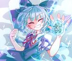  asuku_(69-1-31) blue_background blue_bow blue_dress blue_hair bow cirno clenched_hand closed_eyes collared_shirt dress eyebrows_visible_through_hair facing_viewer fairy_wings frog frozen_frog grin hair_bow highres ice ice_wings neck_ribbon puffy_short_sleeves puffy_sleeves red_ribbon ribbon shirt short_hair short_sleeves simple_background smile solo sparkle steam teeth touhou upper_body white_shirt wings x_x 