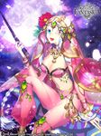 2016 anklet artist_name barefoot blue_eyes bracelet braid breasts cleavage company_name copyright_name gyakushuu_no_fantasica jewelry large_breasts long_hair midriff muse_(rainforest) navel necklace one_eye_closed open_mouth sitting sparkle teeth twin_braids veil wand white_hair 