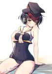  arm_support asymmetrical_hair bare_arms bare_shoulders black_hair blue_swimsuit blush brown_eyes covered_nipples framed_breasts hair_between_eyes headgear headphones highres i-13_(kantai_collection) inu3 kantai_collection looking_at_viewer one-piece_swimsuit sailor_collar school_swimsuit short_hair sitting solo swimsuit thighs tsurime 