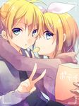  1girl :t alternate_costume arm_around_neck blonde_hair blue_eyes bow brother_and_sister casual chips food hair_bow hair_ornament hairclip head_to_head hood hoodie hug kagamine_len kagamine_rin kuroi_(liar-player) lens_flare looking_at_viewer looking_to_the_side mouth_hold necktie potato_chips short_hair siblings twins upper_body v viewfinder vocaloid 