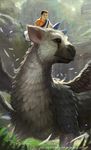  absurdres andy_liong artist_name black_eyes black_hair blue_eyes child copyright_name creature feathers grass griffin highres horns light male_focus monster the_boy_(the_last_guardian) the_last_guardian trico_(character) tunic wings 