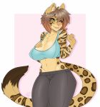  anthro big_breasts bra breasts clothed clothing curvaceous feline female hair hi_res hiddenwolf mammal nipple_bulge one_eye_closed smile solo sports_bra standing thick_thighs underwear wide_hips 