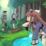  2girls axe bush character_request day dewprism forest grass hiyo_kiki log mint_(dewprism) monster multiple_girls nature outdoors pond potion rue_(dewprism) running tree water waving weapon wet 