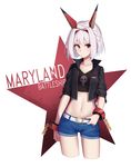  absurdres alternate_costume arnold-s belt braid casual character_name hand_on_belt highres looking_at_viewer maryland_(zhan_jian_shao_nyu) midriff red_eyes remodel_(zhan_jian_shao_nyu) short_hair shorts white_hair wrist_cuffs zhan_jian_shao_nyu 