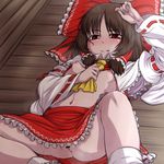  :q arm_up ascot ass bar_censor blush bow breasts brown_hair censored clothes_lift commentary_request detached_sleeves eyebrows_visible_through_hair feet_out_of_frame frilled_skirt frills hair_bow hair_tubes hakurei_reimu hanya_(hanya_yashiki) knee_up licking_lips long_hair long_sleeves lying naughty_face navel nipples no_bra no_panties on_back pussy red_eyes ribbon ribbon-trimmed_sleeves ribbon_trim ribs skirt skirt_set small_breasts smile solo spread_legs stomach tongue tongue_out touhou wide_sleeves 