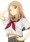 absurdres arm_up brown_eyes brown_hair closed_mouth commentary_request eyebrows_visible_through_hair grey_skirt hand_on_hip highres long_hair looking_at_viewer mercy_rabbit natsume_reiko natsume_yuujinchou neckerchief pleated_skirt red_neckwear school_uniform serafuku sidelocks signature simple_background skirt solo upper_body white_background 