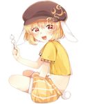  animal_ears bad_id bad_pixiv_id blonde_hair bunny_ears bunny_tail coda_(ankoprpr3700) commentary_request dango flat_cap floppy_ears food full_body hat looking_at_viewer looking_to_the_side midriff red_eyes ringo_(touhou) shirt short_hair short_sleeves shorts simple_background smile solo tail touhou turning_head wagashi yellow_shirt 