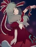  arm_ribbon arm_up bangs bow dress eyebrows_visible_through_hair frilled_ribbon frills front_ponytail green_eyes green_hair hair_bow hair_ribbon head_tilt kagiyama_hina kiri_futoshi lace lace-trimmed_dress long_hair looking_at_viewer outstretched_arm parted_lips puffy_short_sleeves puffy_sleeves purple_background red_bow red_dress red_ribbon ribbon short_sleeves solo touhou 