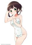  artist_name bangs blunt_bangs blush breasts brown_hair closed_mouth collarbone commentary_request covered_navel covering cowboy_shot dated gochuumon_wa_usagi_desu_ka? green_eyes groin hair_bun hand_in_hair highres holding holding_towel large_breasts looking_at_viewer neki_(wakiko) nude_cover number short_hair sidelocks simple_background smile solo standing tied_hair towel twitter_username ujimatsu_chiya white_background white_towel 