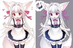  :d ahoge animal_ears apron before_and_after breast_conscious breasts fang flat_chest fox_ears fox_tail frilled_skirt frills imagining long_hair maid_apron maid_headdress open_mouth original purple_eyes red_eyes shura_no_suke skirt small_breasts smile tail thighhighs white_hair zettai_ryouiki 