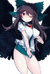  ;3 absurdres bare_legs black_hair black_wings blouse blush bow breasts feathered_wings green_skirt hair_bow highres large_breasts long_hair microskirt mikomo0106 naughty_face one_eye_closed puffy_short_sleeves puffy_sleeves red_eyes reiuji_utsuho short_sleeves skirt skirt_tug solo thighs touhou v-shaped_eyebrows white_blouse wings 