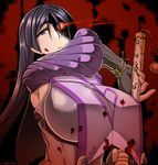  armpit_cutout blood blood_on_face bloody_clothes bodysuit breasts fate/grand_order fate_(series) gloves glowing glowing_eye huge_breasts long_hair looking_at_viewer minamoto_no_raikou_(fate/grand_order) purple_eyes purple_hair saizu_nitou_gunsou solo very_long_hair weapon 