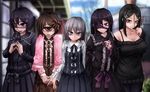  :d ageha_(ray-k) arm_behind_back arms_behind_back asymmetrical_sleeves bangs black_dress black_eyes black_hair black_sweater blurry blurry_background bow breasts brown_dress brown_eyes brown_hair burn_scar cleavage collarbone commentary cyclops doll_joints dorei_to_no_seikatsu_~teaching_feeling~ dress eyepatch eyeshadow frilled_dress frills frown fukasugi_aiko grey_eyes grey_hair hair_between_eyes hair_bow hair_ornament hairclip hand_on_own_chest hands_clasped heart heart_eyepatch heart_hair_ornament highres hitomebore large_breasts long_hair looking_at_viewer makeup monster_girl multiple_girls off-shoulder_sweater off_shoulder one-eyed one_eye_covered oofusa_shizuko open_mouth original own_hands_together parted_bangs ray-k red_eyes ribbon scar shawl short_hair sidelocks slit_pupils smile sweater sylvie_(dorei_to_no_seikatsu) usui_sachi 