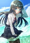  asashio_(kantai_collection) belt black_hair black_legwear blue_eyes cloud commentary_request day dress dress_tug eyebrows_visible_through_hair hand_on_own_head highres kantai_collection long_hair long_sleeves miginohito_mitsuru neck_ribbon partially_underwater_shot pinafore_dress remodel_(kantai_collection) ribbon school_uniform sky smile solo sparkle standing wading water 