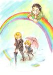  2boys aston_altland ayu_(ponzu) black_hair blonde_hair brother_and_sister fuuka_uno gundam gundam_tekketsu_no_orphans multiple_boys rain rainbow siblings spoilers takaki_uno umbrella 