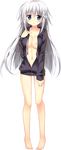  absurdres bare_shoulders blue_eyes breasts cabbage_soft center_opening full_body hair_ribbon highres hoshikoi_tinkle korie_riko large_breasts long_hair long_sleeves murakumo_soraha naked_coat navel nipple_slip nipples official_art ribbon skinny solo transparent_background unzipped white_hair 