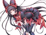  absurdres animal_ears bent_over black_hair detached_sleeves dress eudetenis fake_animal_ears flat_chest floating_hair gate_-_jieitai_ka_no_chi_nite_kaku_tatakaeri hair_ribbon highres long_hair looking_at_viewer red_eyes red_ribbon ribbon rory_mercury short_sleeves signature simple_background solo thigh_strap thighhighs very_long_hair white_background 