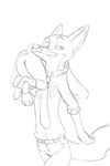  2017 akiric anthro black_and_white butt canine carrying clothed clothing disney duo female fox judy_hopps lagomorph male mammal monochrome nick_wilde on_shoulder rabbit romantic_couple simple_background smile white_background zootopia 