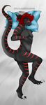  2016 anthro armpits balls black_body claws cloverh00sk cute dragon fareed glowing hair hi_res horn long_ears male nude pumpkinskittle08 red_eyes scalie simple_background smile solo stripes western_dragon 