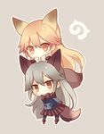  :| animal_ears black_gloves black_legwear blazer blonde_hair blue_jacket blue_neckwear blush boots bow bowtie brown_bow brown_footwear brown_neckwear brown_skirt buttons chibi closed_mouth d: expressionless eyebrows_visible_through_hair eyelashes ezo_red_fox_(kemono_friends) fox_ears fox_tail full_body fur-trimmed_boots fur-trimmed_sleeves fur_trim gloves grey_background grey_bow grey_hair grey_neckwear hair_between_eyes hands_on_another's_head jacket japari_symbol kemono_friends konno_(pixiv_23416142) long_hair long_sleeves looking_at_viewer multiple_girls necktie no_nose on_head open_mouth orange_jacket outline pantyhose pleated_skirt pocket silver_fox_(kemono_friends) simple_background skirt tail very_long_hair 