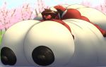  anthro belly big_belly big_breasts big_butt big_tail blush breasts brown_hair butt canid canine female fluffy fluffy_tail fox franchesca_(garasaki) fur hair huge_butt inflation mammal mazzlerazz nipples nude open_mouth overweight size_difference smile yellow_eyes 