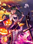  absurdres bare_shoulders bat blush breasts broom broom_riding cleavage collarbone commentary_request cross floating_hair ghost green_hair halloween halloween_costume hat hatsune_miku highres jack-o'-lantern long_hair looking_at_viewer medium_breasts night night_sky parted_lips purple_eyes sky smile solo star_(sky) starry_sky striped striped_legwear thighhighs twintails vocaloid witch_hat wrist_cuffs yurika0207 