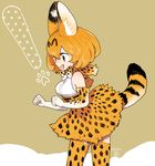  1girl animal_ears bare_shoulders bow bowtie brown_background clenched_hands cowboy_shot elbow_gloves fang from_side gloves hair_between_eyes kemono_friends l_hakase looking_away looking_down multicolored multicolored_background open_mouth orange_eyes orange_hair polka_dot profile serval_(kemono_friends) serval_ears serval_print serval_tail shirt short_hair signature skirt sleeveless sleeveless_shirt smile solo tail tareme thighhighs two-tone_background white_background white_shirt zettai_ryouiki 